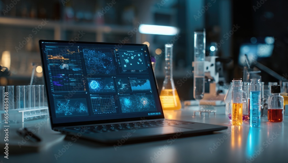 Poster laptop displaying scientific data in a lab setting