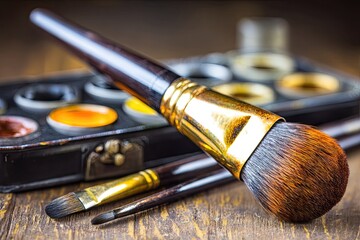 Paintbrushes and color palette on a wooden surface
