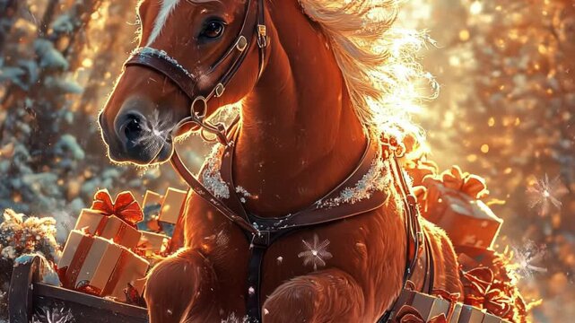 Majestic horse pulling holiday sleigh through snowy winter wonderland