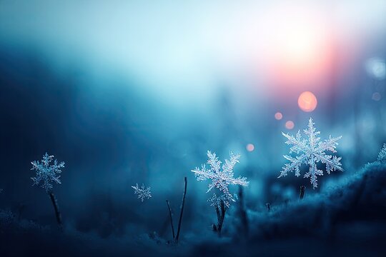 Winter sunrise, snowflakes on frosted branches