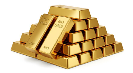 Stacked gold bars and bullion pile with polished reflective surfaces on white background for finance and wealth concept