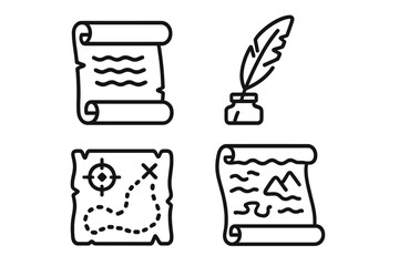Historical mystery icon set with ancient treasure map, old parchment scroll, and feather quill pen. Vintage manuscript, document, and letter line art vector symbols.