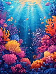 A vibrant illustration of an underwater coral reef teeming with marine life, but with no animals present.