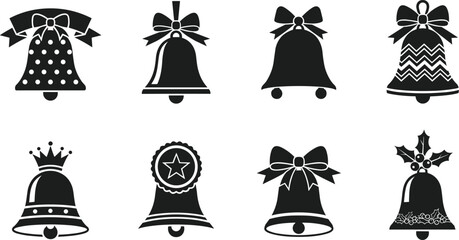 Decorative bell icons, holiday silhouette set, black and white vector, festive ornament design, Christmas symbol, seasonal graphic, celebration element