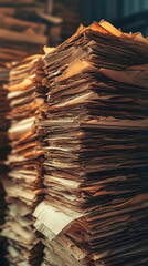 Disorganized archive with messy paper files and chaotic stacks of documents. Cluttered office records and paperwork symbolizing overload, bureaucracy, and information management issues.