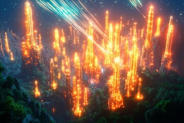 Obraz premium Glowing city illuminates the sky as shooting stars cascade through the night