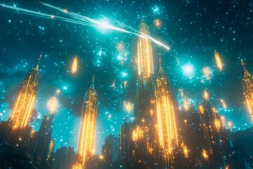 Obraz premium Glowing city illuminates the sky as shooting stars cascade through the night