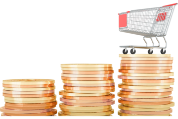 Shopping cart with stacks of growing gold coins