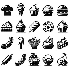 A sweet vector illustration set of food icons with various desserts like cake, cupcakes, muffins, and chocolate with cherries.