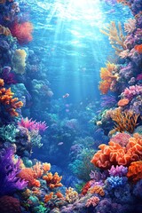 A vibrant illustration of an underwater coral reef teeming with marine life, but with no animals present.