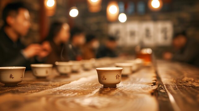 Warm atmosphere of a traditional tea ceremony with guests