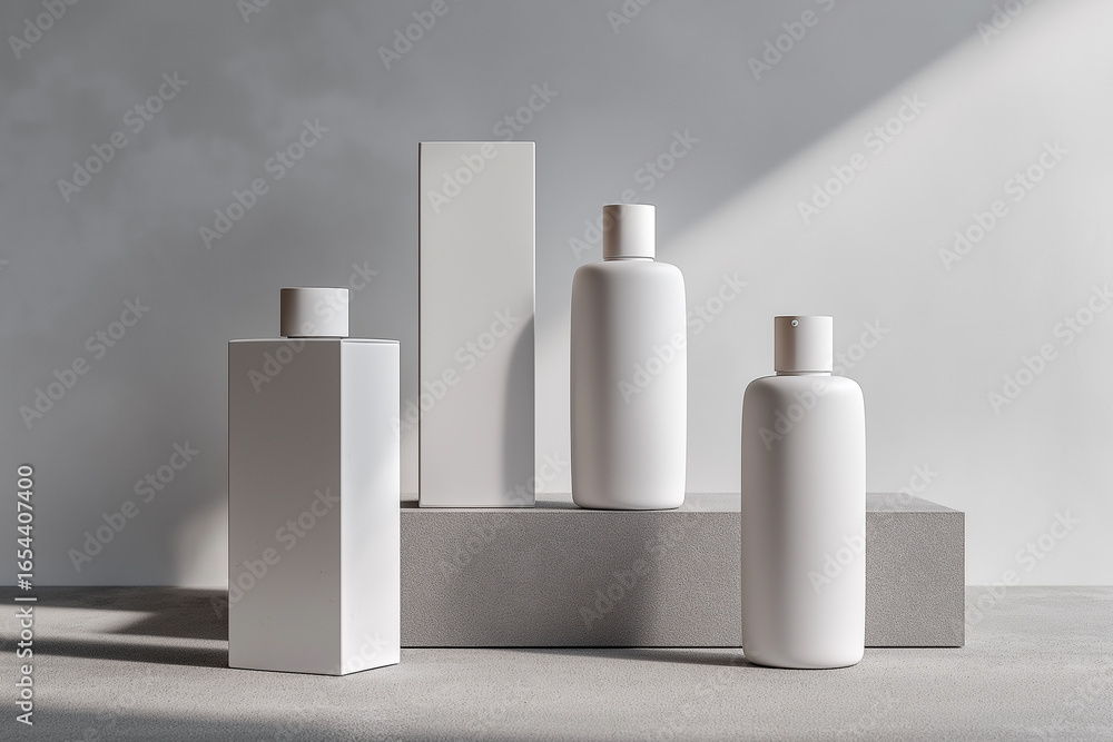 Poster sleek white bottles arranged neatly on minimalist blocks under soft natural lighting.