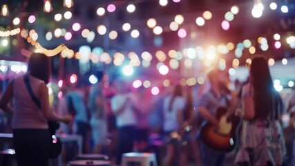 People enjoying live music at outdoor festival with colorful lights - Powered by Adobe
