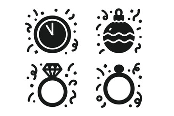 Celebration and holiday solid glyph icon set. New Year clock, Christmas bauble, wedding and engagement diamond ring with confetti. Vector event party pictogram symbols.