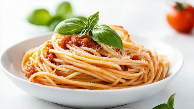 Delicious Italian pasta and spaghetti with tomato sauce, basil, and cheese in white bowl