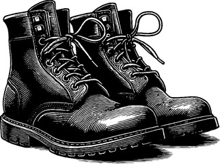 Vintage engraving of leather boots with laces - retro fashion design for print and cards