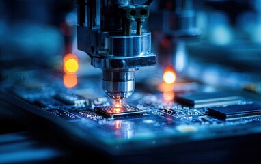 Close-up of automated soldering robot on circuit board.  Brightly lit soldering head focusing on a chip.  Focused, deep blue tones