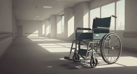 A wheelchair stands in a brightly lit, empty hospital corridor. Sunlight streams through the windows, casting shadows on the floor.