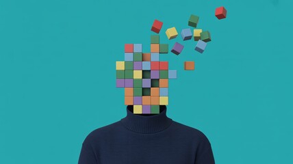 Head made of floating colorful cubes, creative mind, problem solving, innovation, abstract 3D concept.