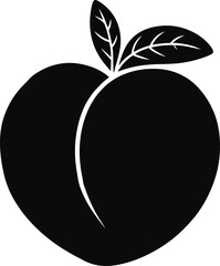 Peach fruit silhouette, black vector icon, leaf detail illustration, natural shape graphic, healthy food symbol, organic produce design