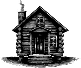 Engraved illustration of rustic log cabin silhouette for retro design and decor
