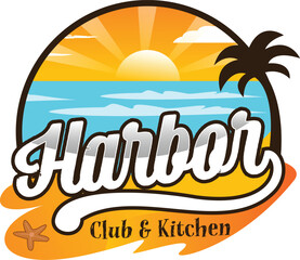 Obraz premium Stunning harbor club logo design with tropical beach vibes and vibrant sunset background illustration
