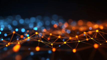 Interconnected network of glowing spheres linked by lines, symbolizing connectivity, communication, and digital networks. Blurred lights in background.