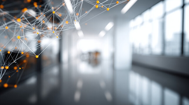 Complex connectivity network with nodes.  Modern office blurred background.  Concept for technology, science, business and architecture.