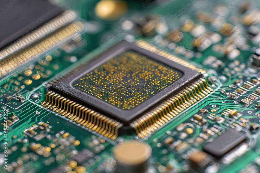 Poster close-up of a microchip on a green circuit board. gold-colored pins surround the dark chip. printed 