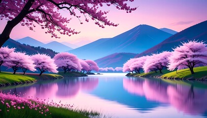 Serene cherry blossom landscape reflecting in a tranquil lake