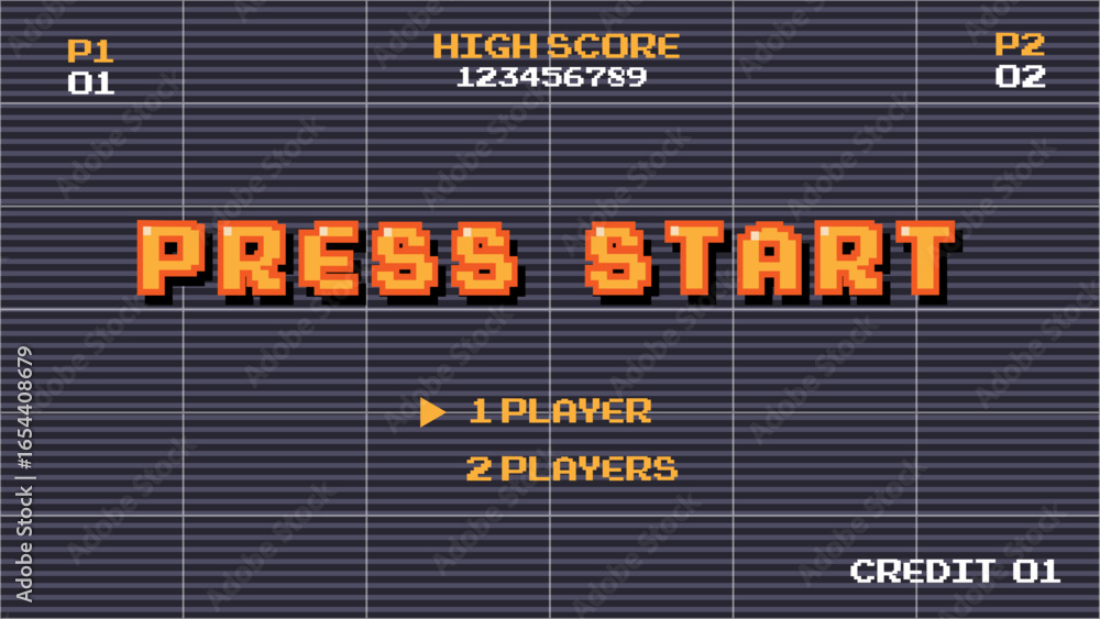 Poster press start player. pixel art .8 bit game. retro game. for game assets in vector illustrations.