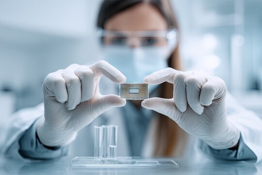 A scientist in a lab holds a small, metallic chip
