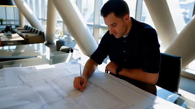 An architect intently studies a blueprint, using a compass for precise details. The modern office setting emphasizes his commitment to construction.