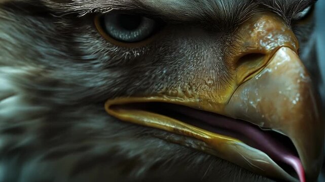 Close-up of a hawk's face with sharp gaze and detailed features  