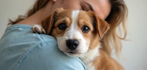 Woman holding adorable puppy close, showcasing deep bond and affection. National Pet Day theme with pure companionship between human and dog, promoting pet adoption and love. Heartwarming connection.