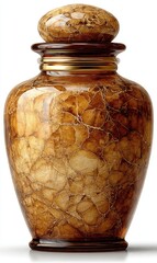 Ornate, amber-toned urn, with a domed lid and marbled design