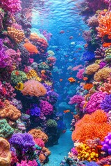 A vibrant illustration of an underwater coral reef teeming with marine life, but with no animals present.