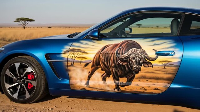 Custom sports car with an airbrushed painting of an african buffalo in a savanna landscape