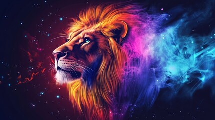 Majestic lion portrait with vibrant colorful light on dark background, stunning wildlife artwork highlighting the king of the jungle in bold illumination for dramatic animal wallpapers and creative di