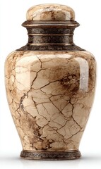 Cream-colored urn with marble-like design and bronze accents