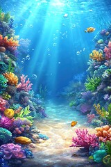 A vibrant illustration of an underwater coral reef teeming with marine life, but with no animals present.