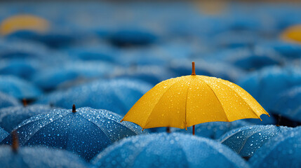 Bright yellow umbrella stands out amidst a sea of blue, rainy umbrellas. A vibrant beacon of optimism and individuality against the monochromatic background.