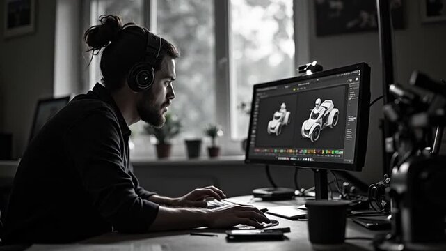 Animator Working on 3D Model on Computer in Studio