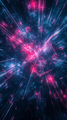 Vivid 3D multicolor neon rays and glowing lines forming a futuristic abstract background. Bright light beams radiating in dynamic motion for digital, tech, or artistic design.