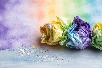 Crumpled colorful paper with rainbow background