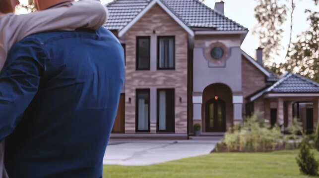 Couple embracing in front of  modern house, ownership, real estate 