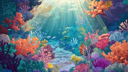 A vibrant illustration of an underwater coral reef teeming with marine life, but with no animals present.