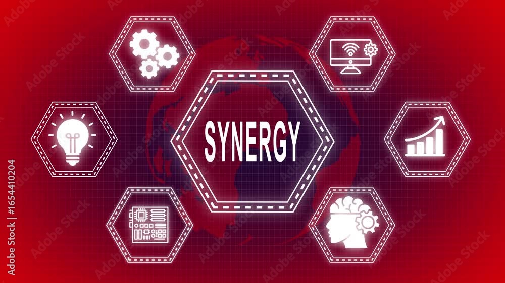 Aufkleber digital synergy and innovation concept displayed with technology icons and global data