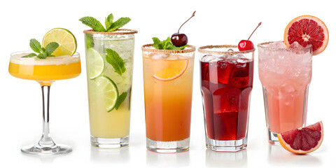 A cool red fruit cocktail with fresh berries and ice is isolated on a white background
