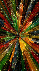 Vivid 3D multicolor neon rays and glowing lines forming a futuristic abstract background. Bright light beams radiating in dynamic motion for digital, tech, or artistic design.